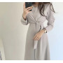 Chic Korea Fenimine Vestidos Women Fashion Lace-Up Bow Tie Elegant Office Lady Long Vintage Dress