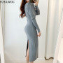 Stretchable Split Knitted Sweater Dress Long Pencil Bodycon Bandage Hot Fall Winter Basic Gray Black Long Feminine Vestidos