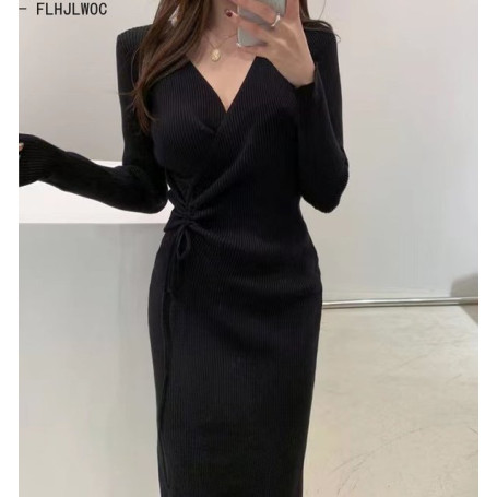 Woman Stretchable Knitted Sweater Dress Long Pencil Bodycon Bandage Hot Fall Winter Drap Basic Gray Black Long Feminine Vestidos