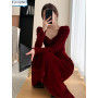 Chic Elegant Annual Meeting Red Dress Fashion Women Fashion Solid Square Neck French DesignLong Velvet Dresses Vestidos