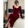 Chic Elegant Annual Meeting Red Dress Fashion Women Fashion Solid Square Neck French DesignLong Velvet Dresses Vestidos