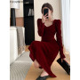 Chic Elegant Annual Meeting Red Dress Fashion Women Fashion Solid Square Neck French DesignLong Velvet Dresses Vestidos