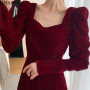 Chic Elegant Annual Meeting Red Dress Fashion Women Fashion Solid Square Neck French DesignLong Velvet Dresses Vestidos