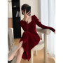 Chic Elegant Annual Meeting Red Dress Fashion Women Fashion Solid Square Neck French DesignLong Velvet Dresses Vestidos