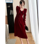 Chic Elegant Annual Meeting Red Dress Fashion Women Fashion Solid Square Neck French DesignLong Velvet Dresses Vestidos