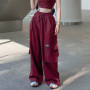 Red Baggy Cargo Pants Drawstring Elastic High Waist Casual Pants Pocket Korean Fashion Sweatpants Streetwear Women Sport