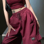 Red Baggy Cargo Pants Drawstring Elastic High Waist Casual Pants Pocket Korean Fashion Sweatpants Streetwear Women Sport