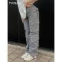 Vintage Cargo Pants  Baggy Jeans Women Fashion 90s Streetwear Pockets Wide Leg High Waist Straight Y2k Denim Trousers Overalls