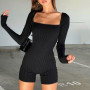 Ribbed Square Collar Sexy Rompers Womens Jumpsuit Long Sleeve Skinny Summer Playsuits Women Lucky Label Short Jumpsuits