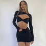 Women Outfits Sexy Streetwear Two Pieces Set Skirt Suit Black White Night Club Long Sleeve Hollow Out Crop Top