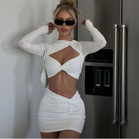 Women Outfits Sexy Streetwear Two Pieces Set Skirt Suit Black White Night Club Long Sleeve Hollow Out Crop Top