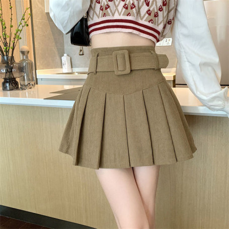 Women Corduroy Pleated Skirts High Waist All-match Elegant Preppy Style Retro Solid Folds Design