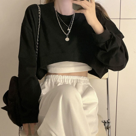Sweatshirts Women Solid Cropped Sexy Loose All-match Casual Harajuku Simple Pullover Aesthetic Clothes