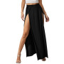 Women s Elastic High Waist Skirt Solid Color Side High Split Loose Fit Sweat Absorption Long Beachwear Skirt