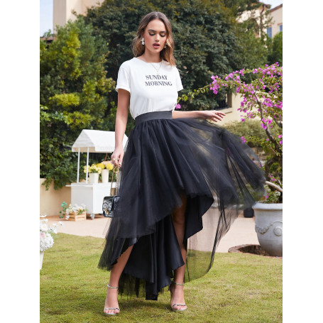 Women’s Tulle Tutu Maxi Punk Skirt Elastic Waist High Low Mesh Net Costume Party Prom Cocktail Long Dress