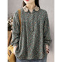 Women Long Sleeve Casual Shirts Vintage Style Lace Collar Floral Print Loose Cotton Tops Shirt