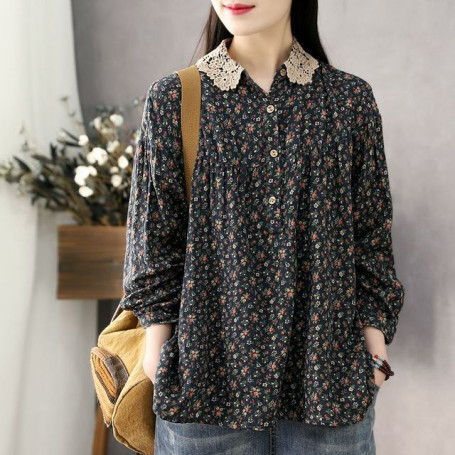 Women Long Sleeve Casual Shirts Vintage Style Lace Collar Floral Print Loose Cotton Tops Shirt