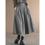 Women Cotton Linen Casual Skirts Vintage Style Plaid Print High Waist  A-line Long Skirt