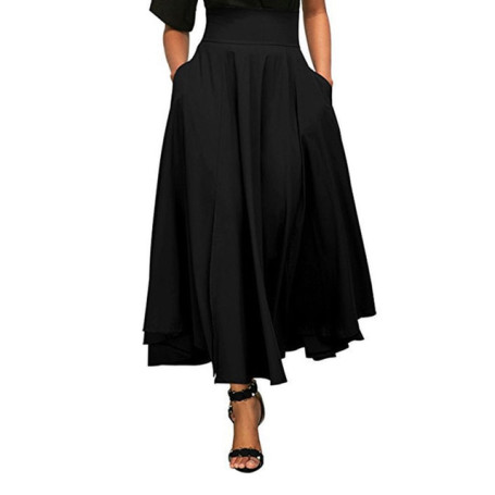 Women A-Line Skirt New Elegant Fashion High Waist Flared Pleated Long Maxi Pockets Ruffles Solid Color Sexy Ladies Clothing