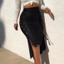 Women Skirt Drawstring High Waist Pleated Asymmetrical Outfits Elegant Solid Bag Hip Clothing PU Leather