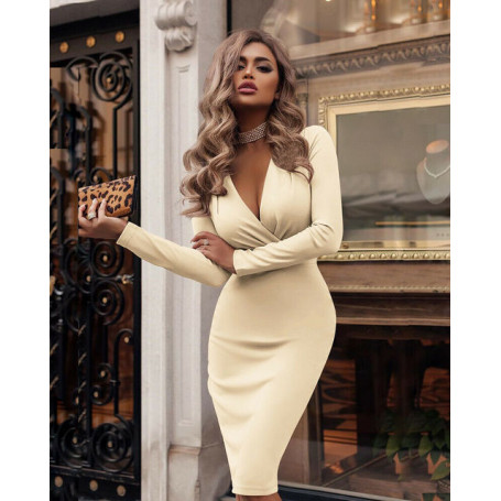 New trendy solid slim Women V Neck Long Sleeve Bodycon Party Midi Dress