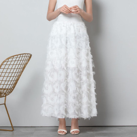 Women Pleated Skirt Fashion Feather Tassel Pleated Skirt High Waisted Elastic Long Skirt