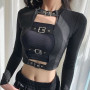 Korean Punk Long Sleeve Women Black Harajuku Cotton  Ladies Top With Buckle Streetwear