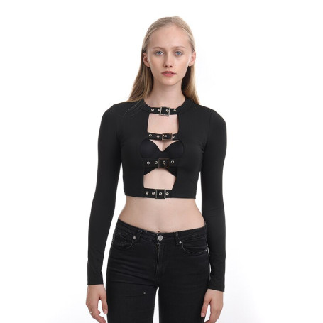 Korean Punk Long Sleeve Women Black Harajuku Cotton  Ladies Top With Buckle Streetwear