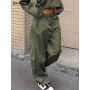 Jacqueline y2k Army Green Baggy Cargo Drawstring Pants Women Long Sleeve Tops and High Waist Straight Pant Street