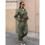 Jacqueline y2k Army Green Baggy Cargo Drawstring Pants Women Long Sleeve Tops and High Waist Straight Pant Street