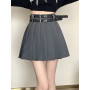 Women Pleated Mini Skirt Belt Kawaii Vintage Ladies Korean Harajuku High Waist A-line Package Hip Skirt