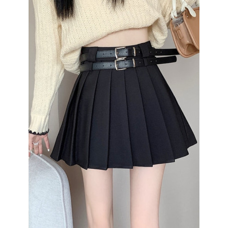 Women Pleated Mini Skirt Belt Kawaii Vintage Ladies Korean Harajuku High Waist A-line Package Hip Skirt