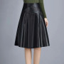 PU Leather Skirt Women's A- line Large-Size Knee-Length High-Waist Pleated Skirt Woman Skirts Mujer Faldas Saias Mulher