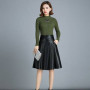 PU Leather Skirt Women's A- line Large-Size Knee-Length High-Waist Pleated Skirt Woman Skirts Mujer Faldas Saias Mulher