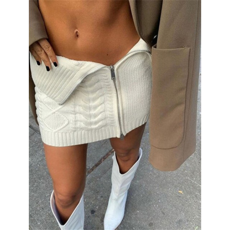 woman Solid Knit Mini Skirt Club Outfit For Women Low Waist Slim Zip Up Casual Short Skirt Female Fashion Skirt