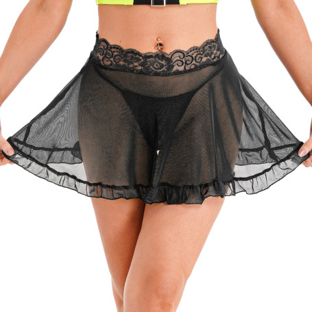 Womens Sexy See-through Mesh Skirt Solid Color High Waist Lace Miniskirt with G-string Bikini Cover Ups Beachwear Nightwear