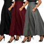 Trend Skirts With Pocket High Quality Solid Ankle-Length Vintage Skirt For Women Black Gray Wine Red Long Skirt