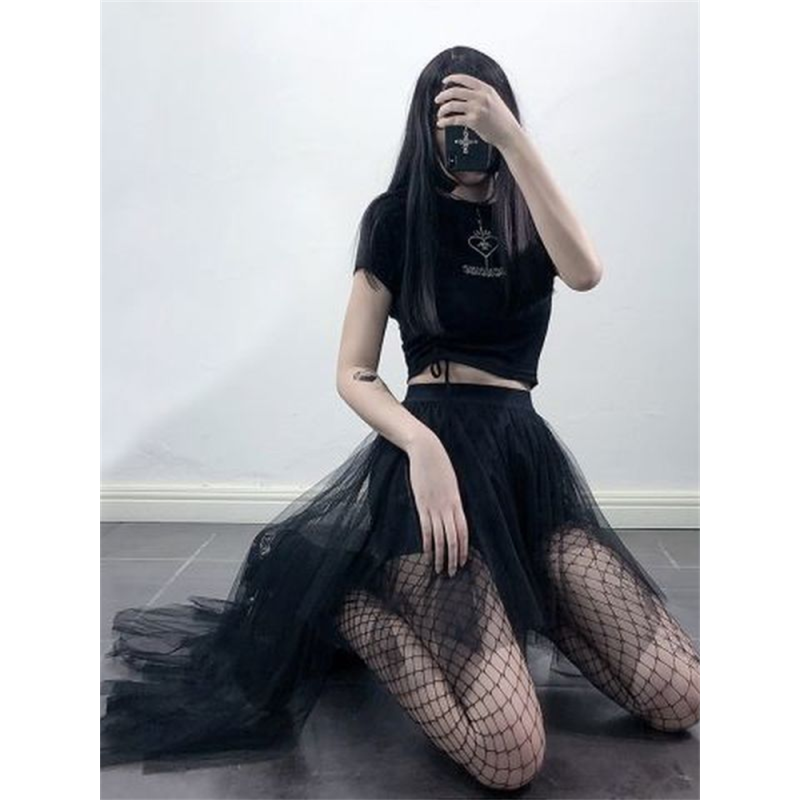Gothic Black Mesh Long Mini Skirt Women Multilayer Irregular Dark