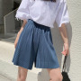 Women Shorts High Waist Solid Color Wide Leg Pleated Loose Short Pants Simple Oversize Trousers
