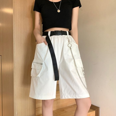 Women Harajuku Chain Cargo Shorts Big Pockets Wide Leg Shorts High Waist Streetwear Shorts
