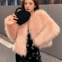 Fashion Faux Fur Jacket Long Sleeve V Neck Fluffy Overcoat Woman High Quality Cropped Plush Coat