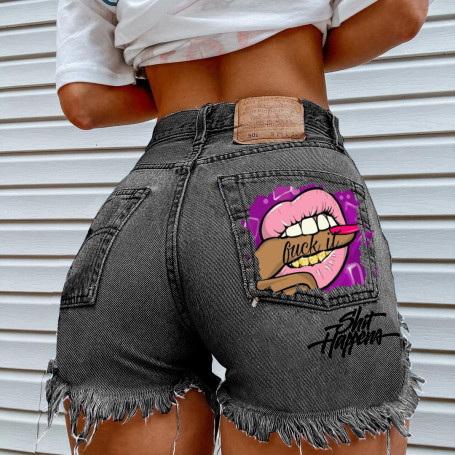 Women Denim Shorts Personality Mouth Bite Finger Printing Fashion Hole Pants