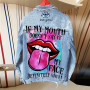 Women's Street INS Net Red With The Same Playful Girl Tongue Out Print Pattern Lapel Denim Jacket