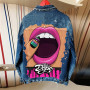 Women's High Street Teeth Pattern Casual Print Trend Hip Hop Denim Jacket Long Sleeve Loose  Womencoat