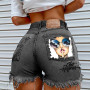 Pocket Personality Printing Pattern Female Denim Shorts Ripped Raw Edge Hot Pants Wholesale Trade
