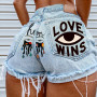 Eyes Graffiti LOVE Pattern Ripped Fringed Ladies Denim Shorts Button