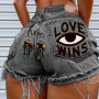 Eyes Graffiti LOVE Pattern Ripped Fringed Ladies Denim Shorts Button