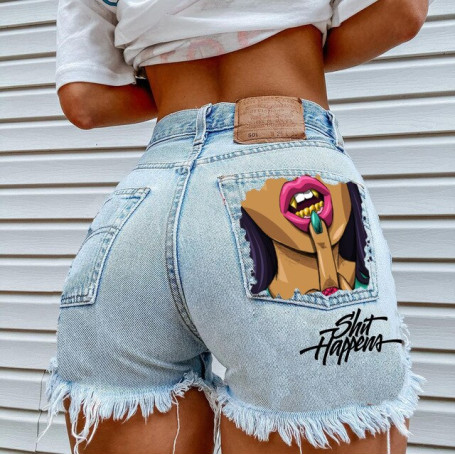 Pocket Personality Printing Pattern Female Denim Shorts Ripped Raw Edge Hot Pants Wholesale Trade