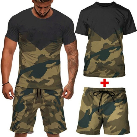 Men's Casual 2pcs Set Camouflage Army Green Short Sleeve T-shirt masculina Loose Tactical Tees Shorts Pants Tracksuit Set S-6XL