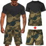Men's Casual 2pcs Set Camouflage Army Green Short Sleeve T-shirt masculina Loose Tactical Tees Shorts Pants Tracksuit Set S-6XL